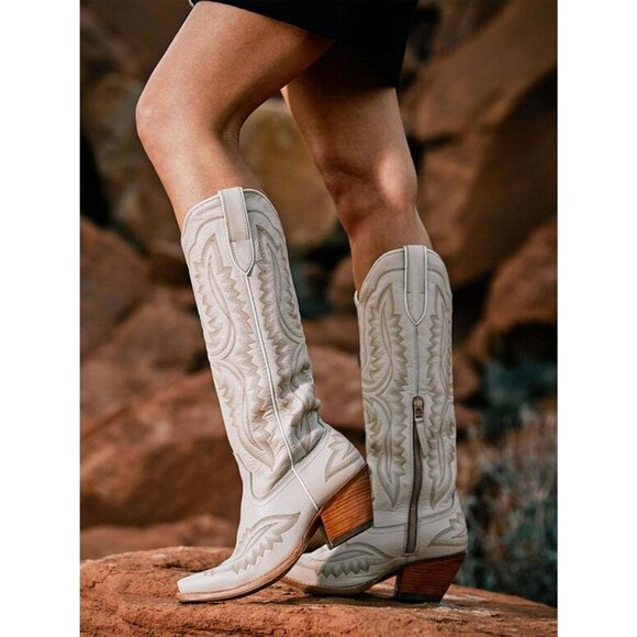 Women's White Vintage Chunky Tall Knee High Heel Western Embroidery Boots - Picture 6 of 7